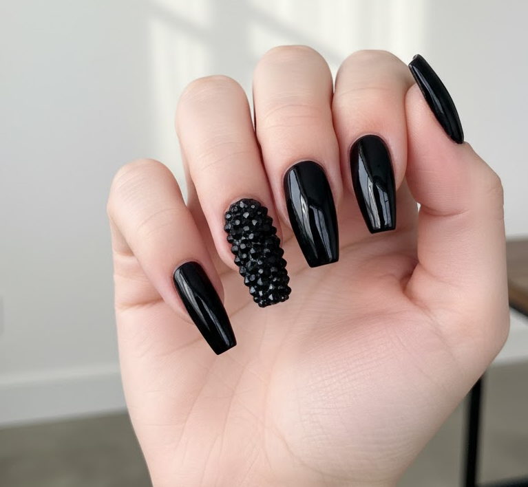 black rhinestone nails