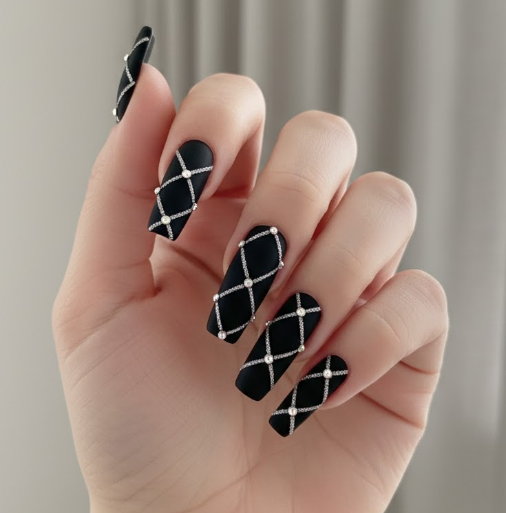black rhinestone nails