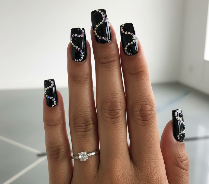 black rhinestone nails