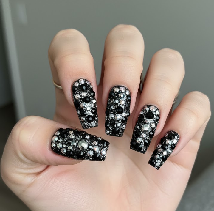 black rhinestone nails