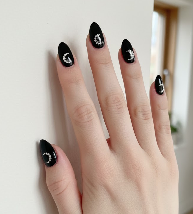 black rhinestone nails