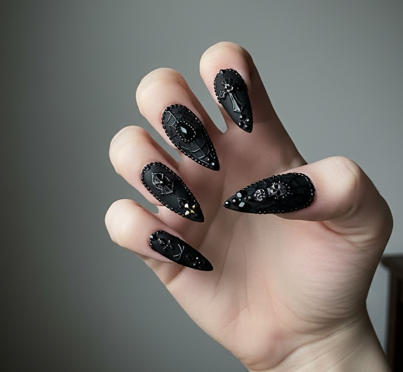 black rhinestone nails