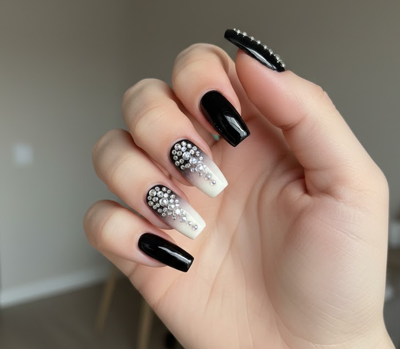 black rhinestone nails