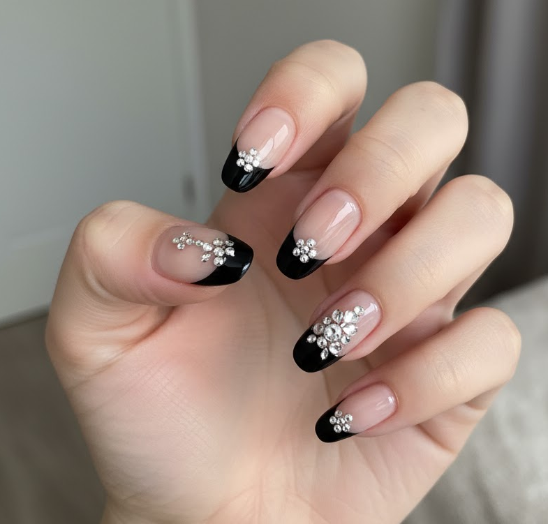 black rhinestone nails