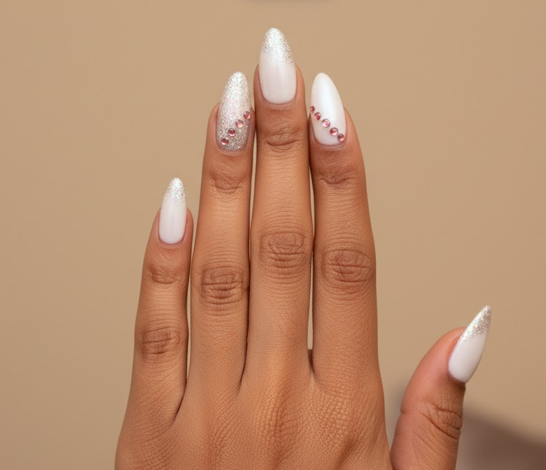 white rhinestone nails