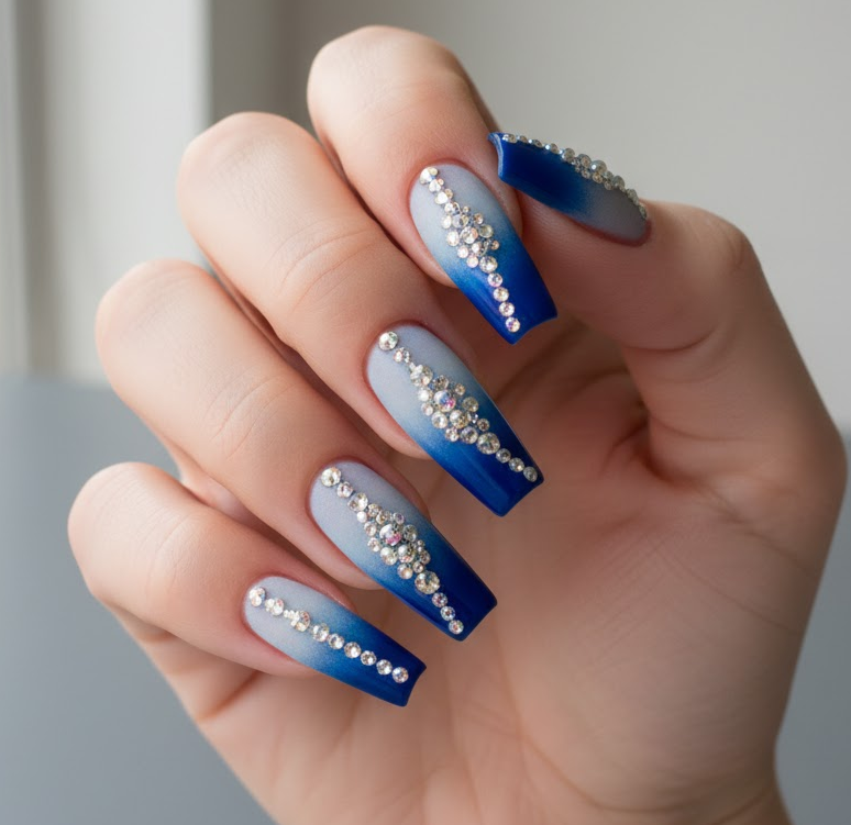 blue rhinestone nails
