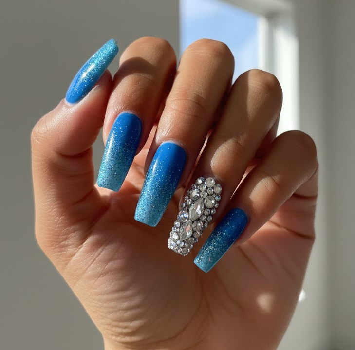 blue rhinestone nails