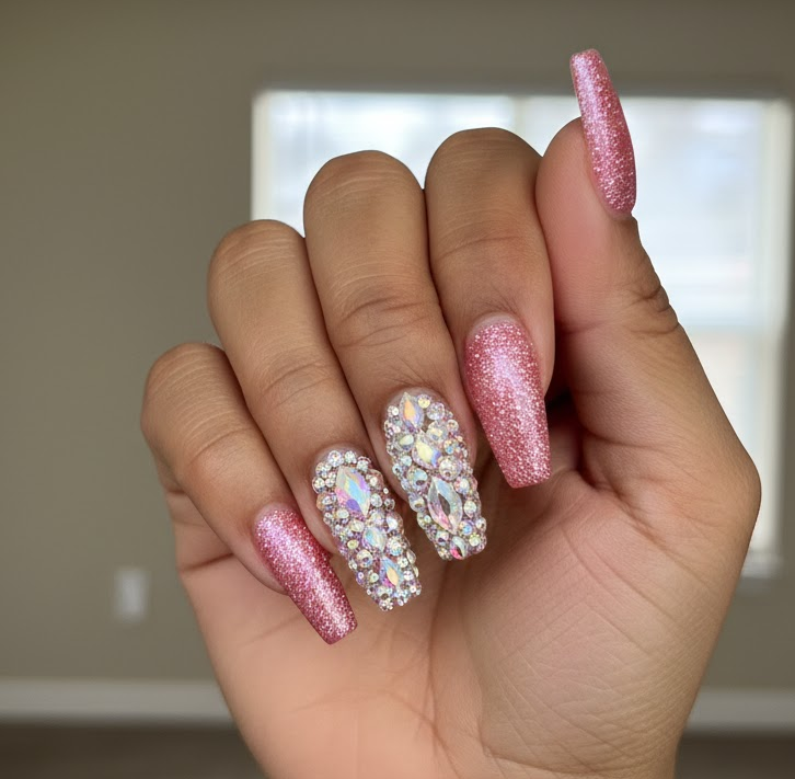 pink rhinestone nails
