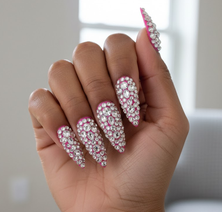 pink rhinestone nails