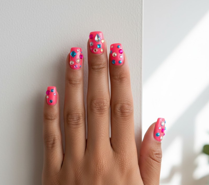pink rhinestone nails