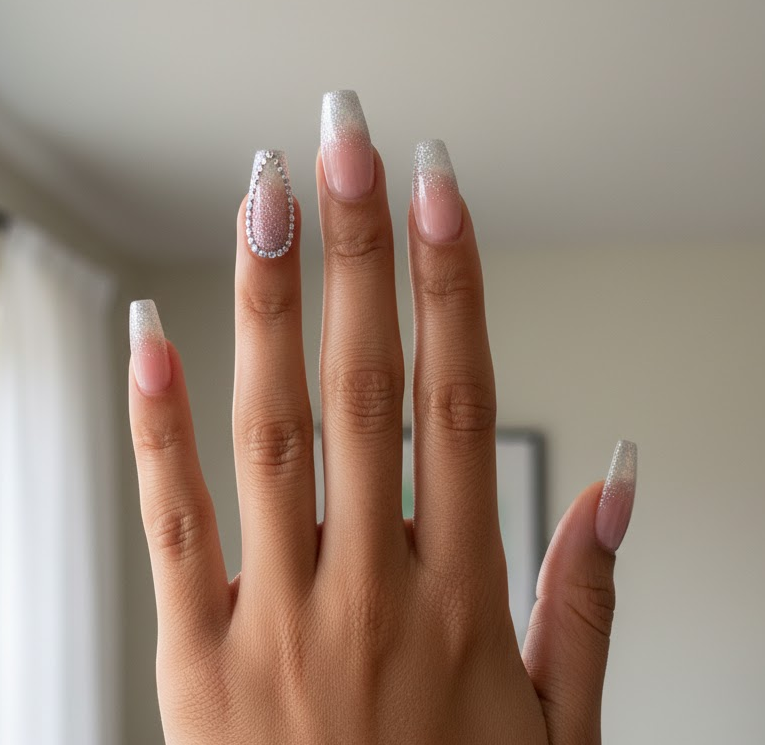 pink rhinestone nails