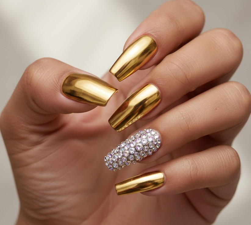 gold rhinestone nails