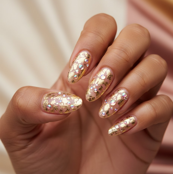 gold rhinestone nails