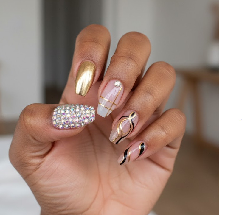 gold rhinestone nails