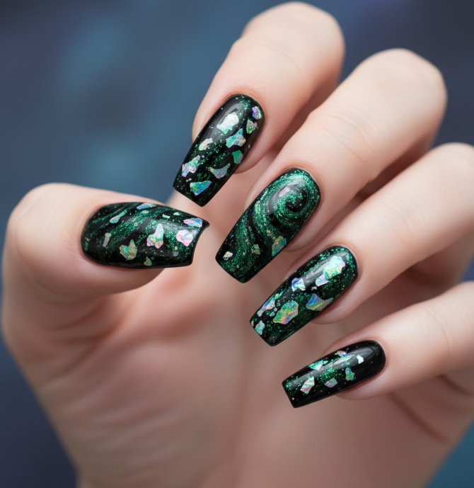 green glitter nails