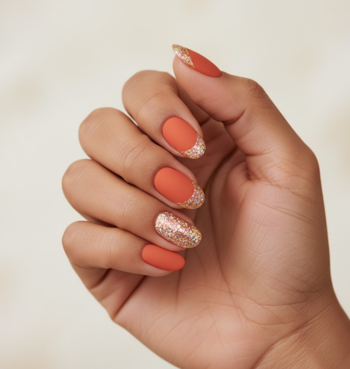 orange glitter nails