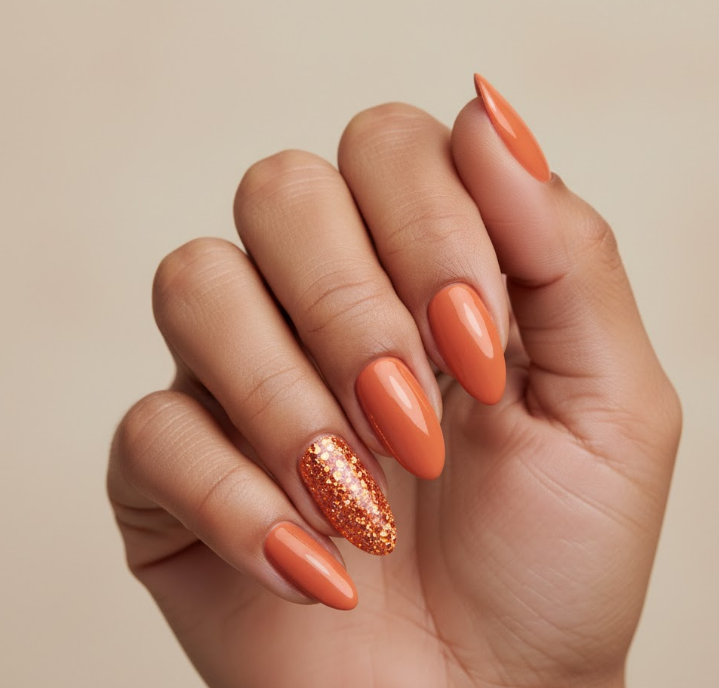 orange glitter nails