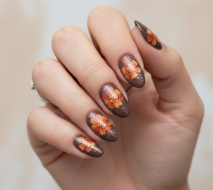 orange glitter nails