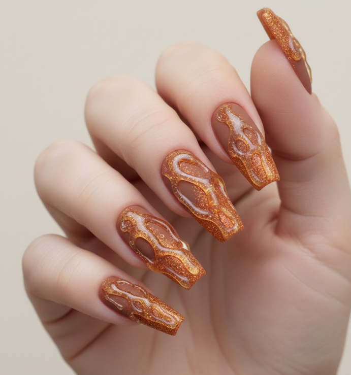 orange glitter nails