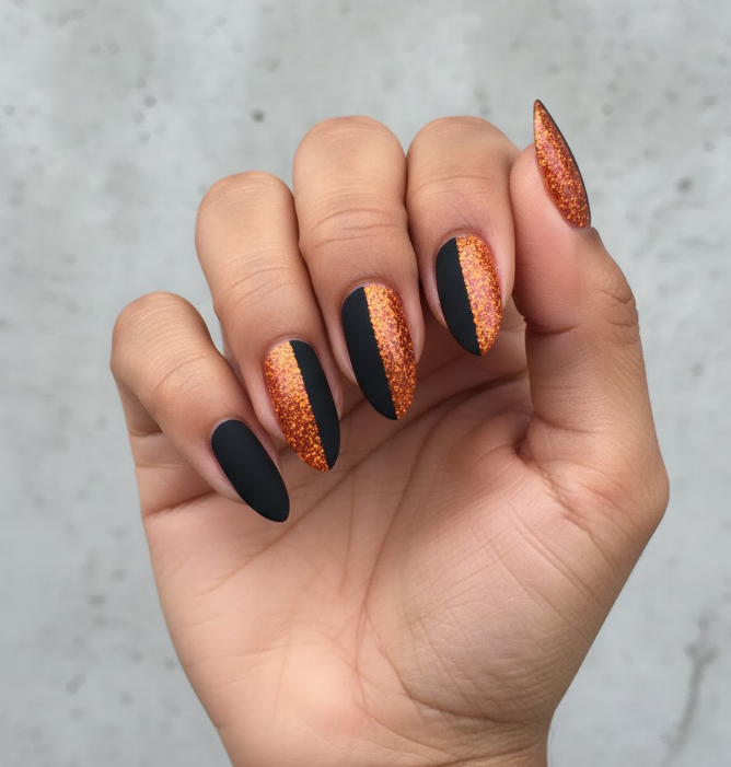 orange glitter nails