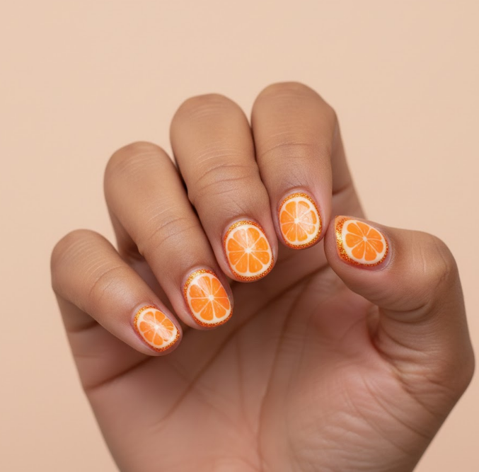 orange glitter nails
