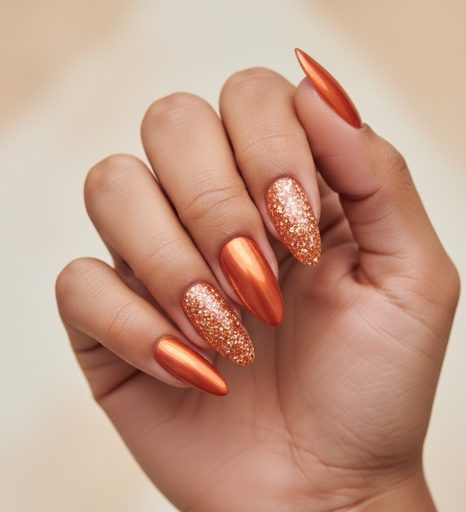 orange glitter nails