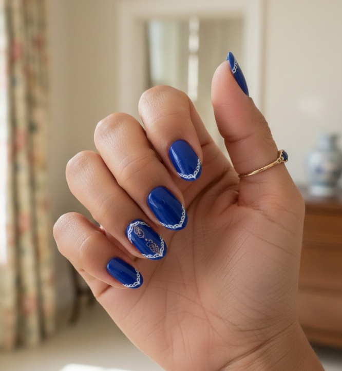 white and blue nails