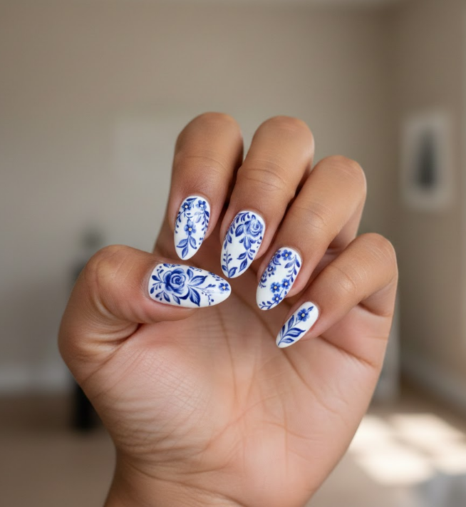 white and blue nails
