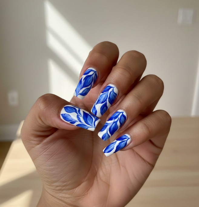 white and blue nails