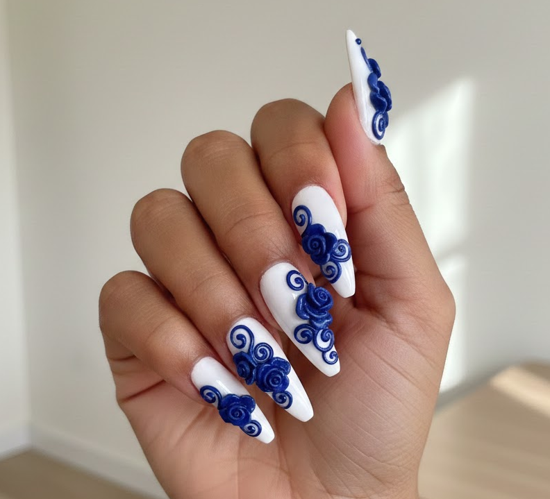 white and blue nails
