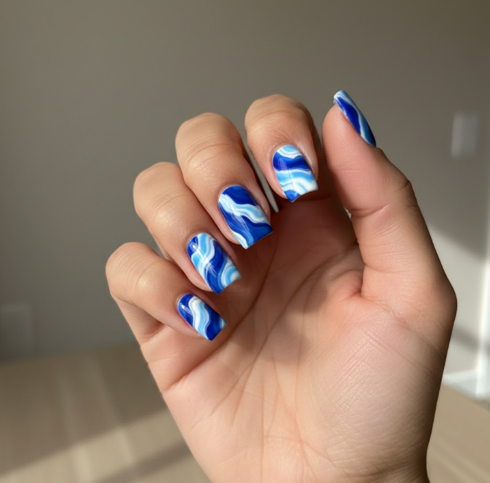 white and blue nails