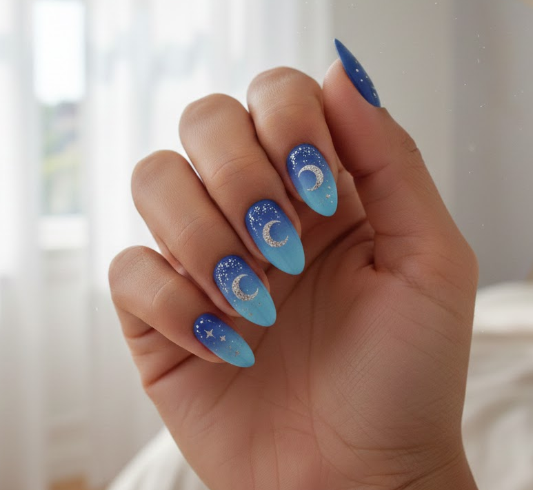 white and blue nails