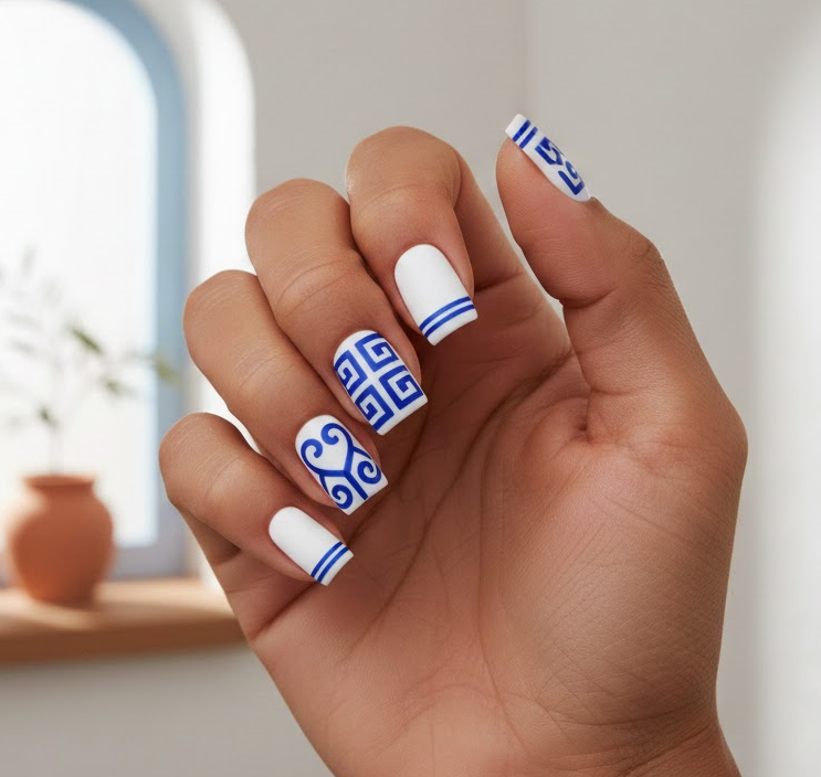 white and blue nails