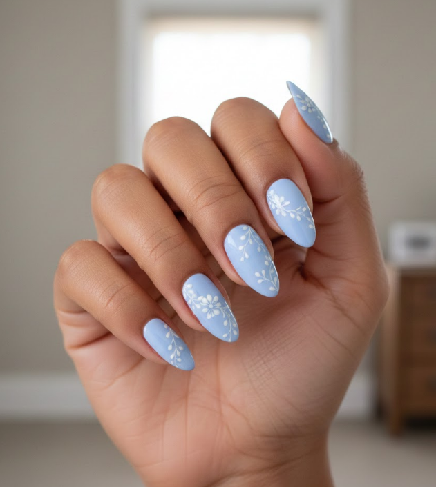 white and blue nails