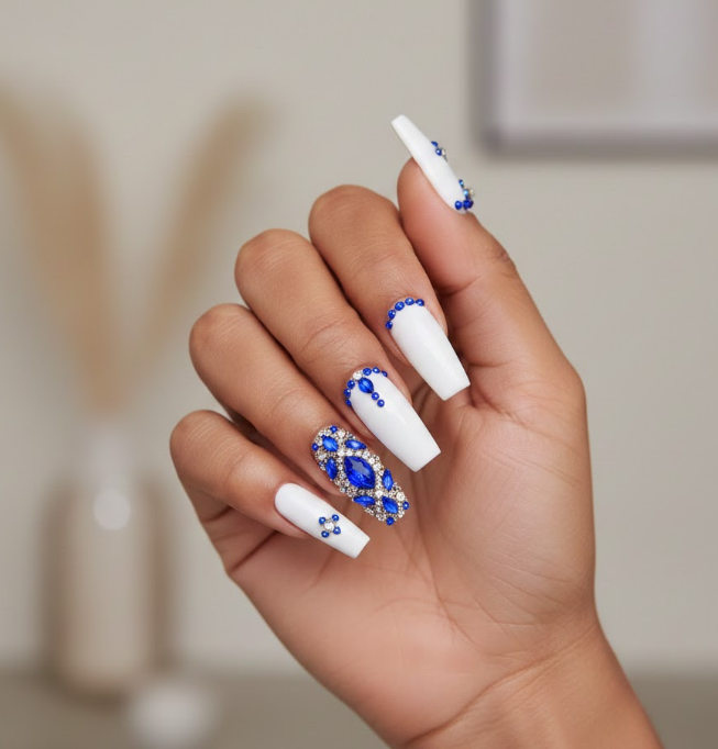 white and blue nails