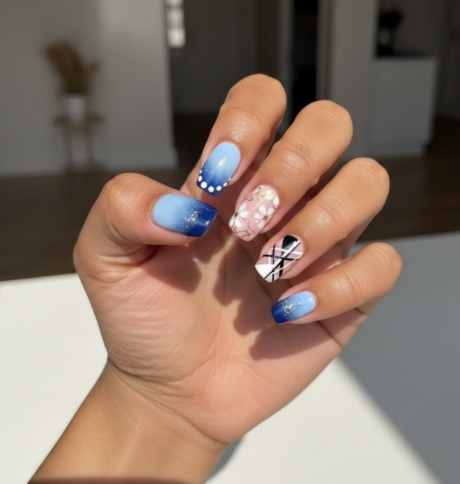 white and blue nails