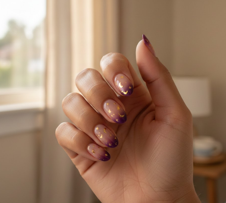 gold and purple nails