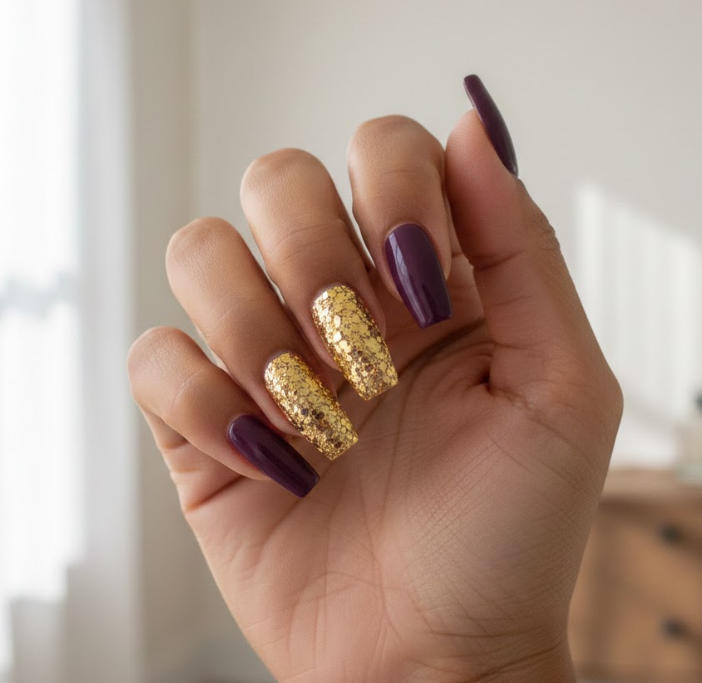 gold and purple nails