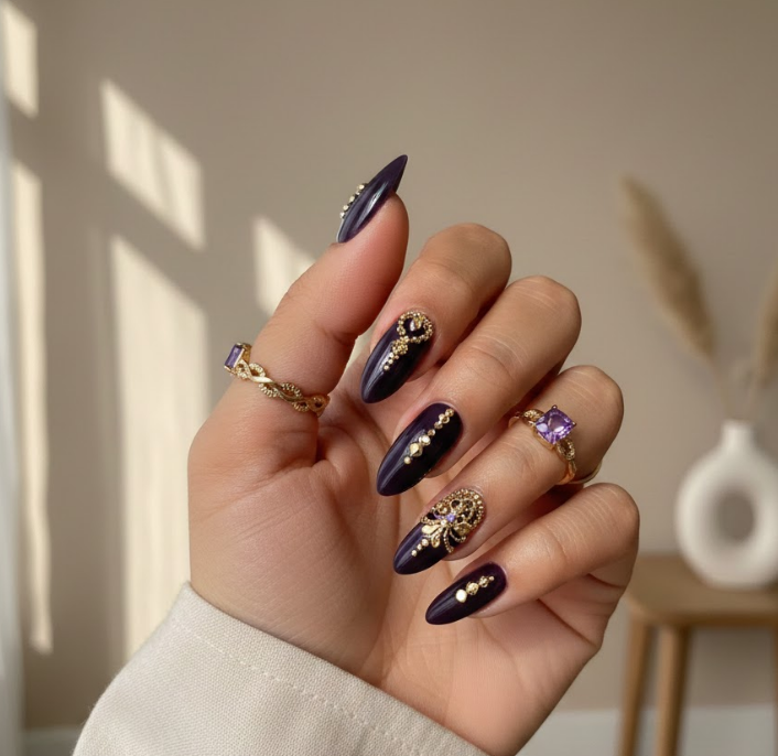 gold and purple nails