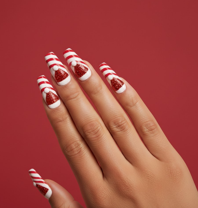 santa hat nails
