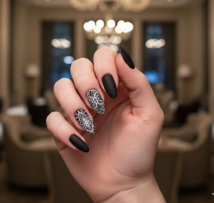 black and white lace nails