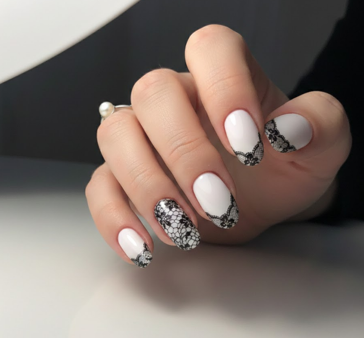 black and white lace nails