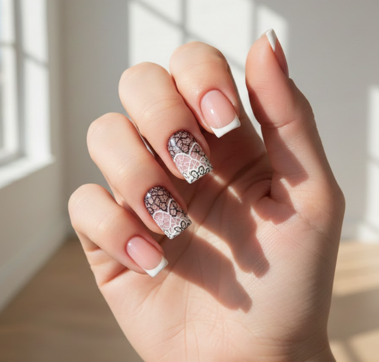black and white lace nails