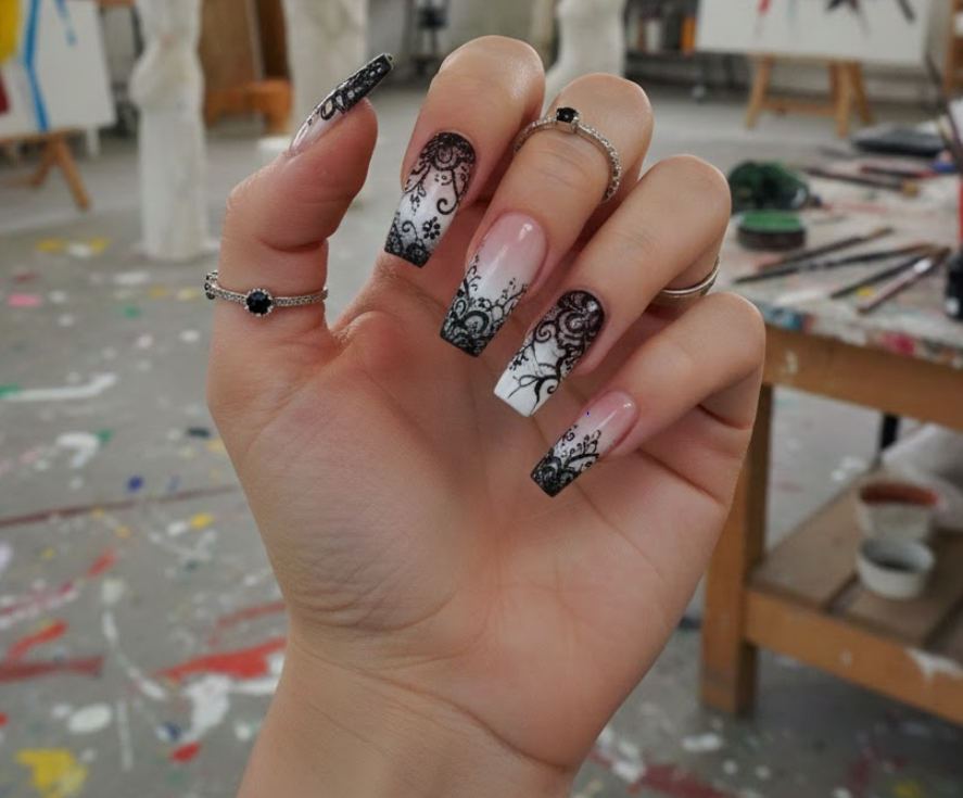 black and white lace nails