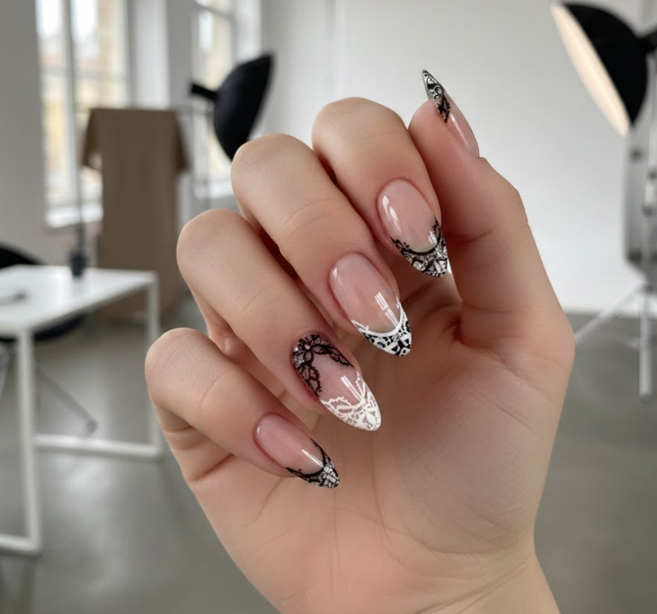 black and white lace nails