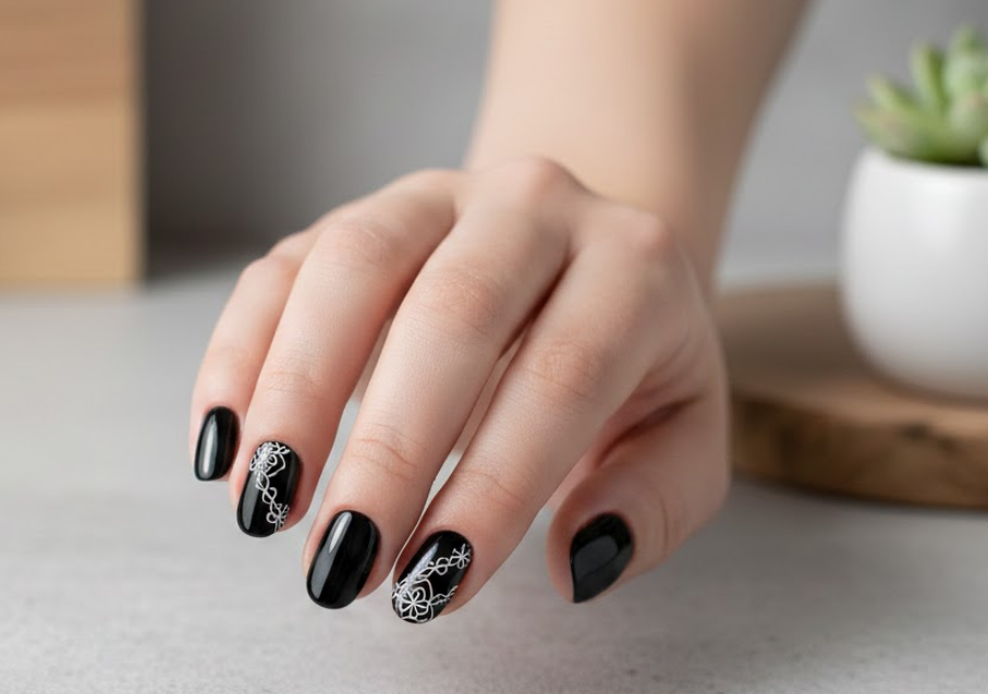black and white lace nails