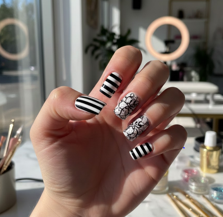black and white lace nails