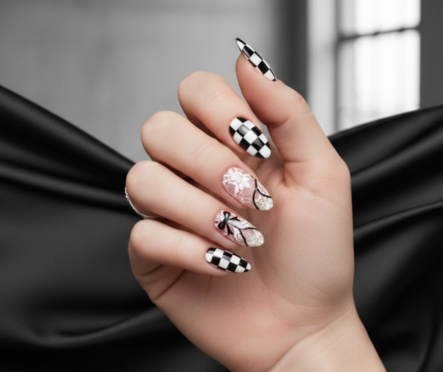black and white lace nails