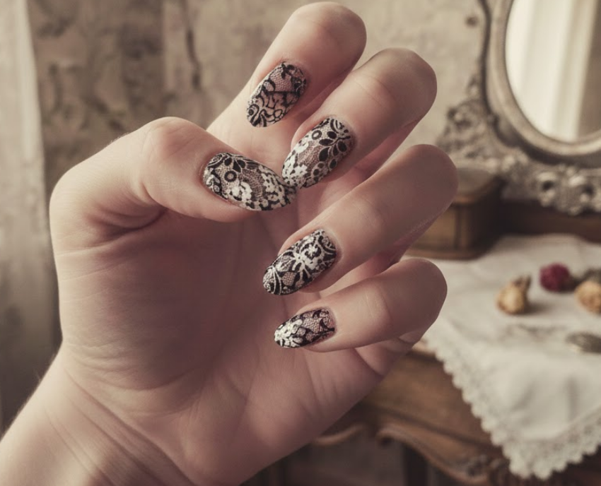 black and white lace nails