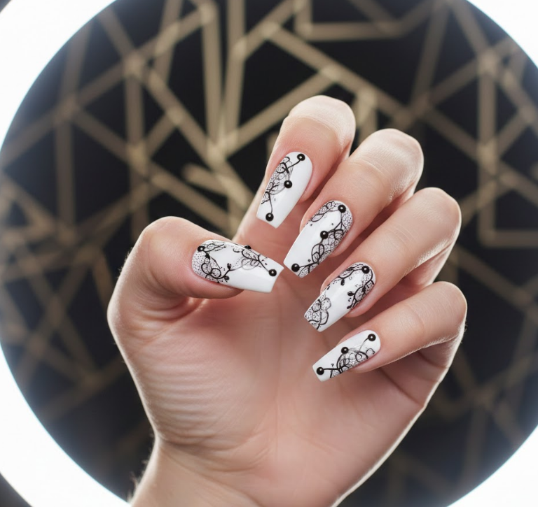 black and white lace nails